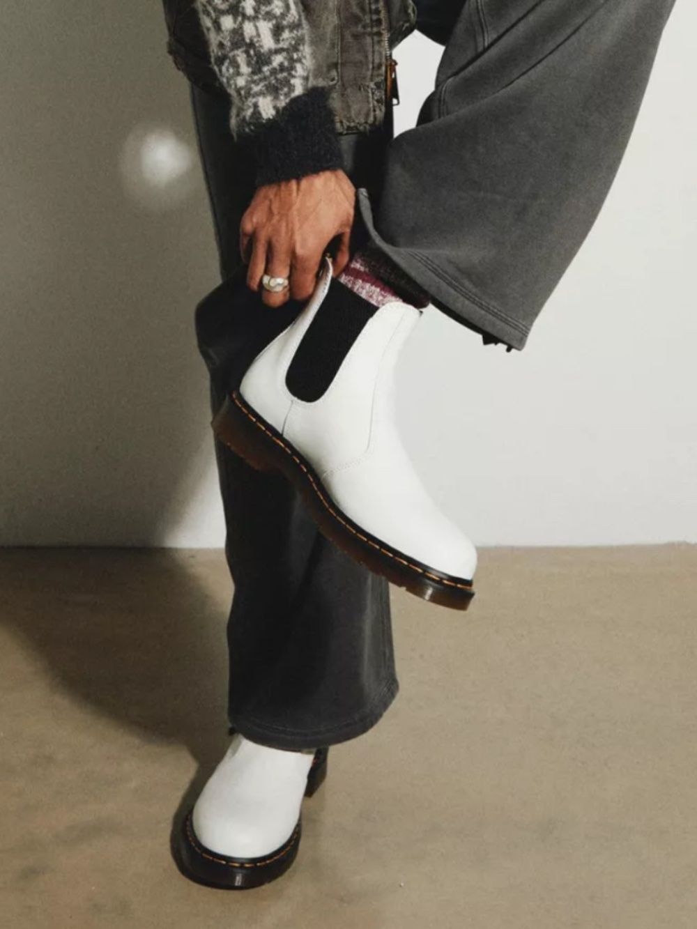 Dr. Martens 2976 Yellow Stitch Smooth White Leather Chelsea Boots